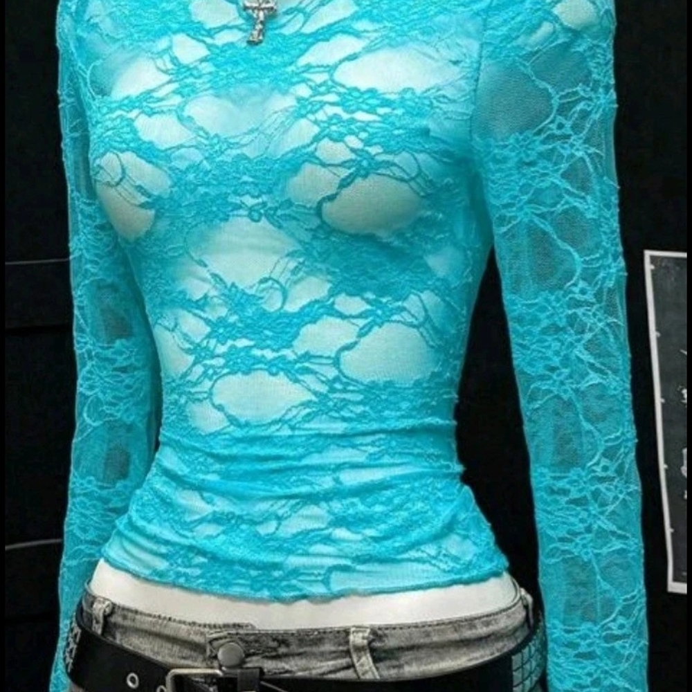 SHEIN Turquoise Lace Blouse